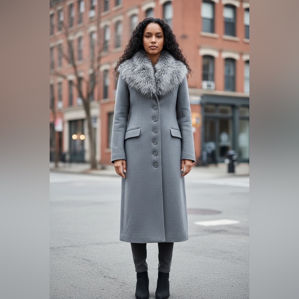 Chic Gray Fur Collar Pea Coat - Picture 3 of 4